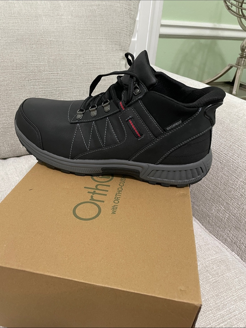 Men's Black Waterproof Lace-Up Work Boot with Gray Outsole